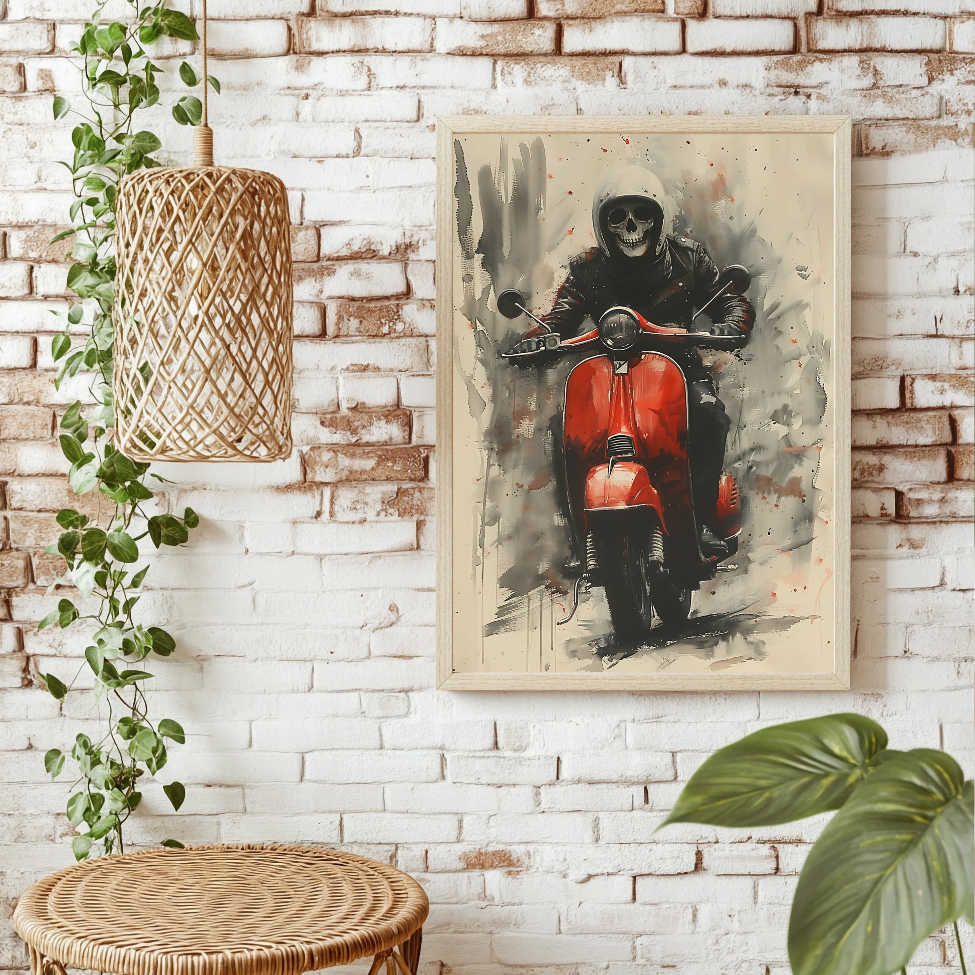 Illustriertes Skelett mit Helm auf einer roten Vespa