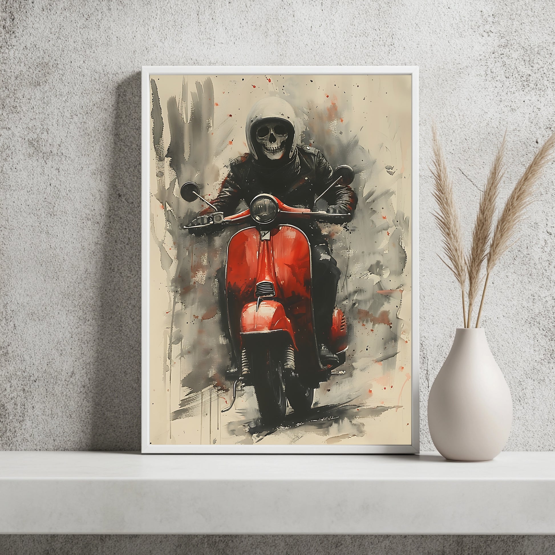 Illustriertes Skelett mit Helm auf einer roten Vespa