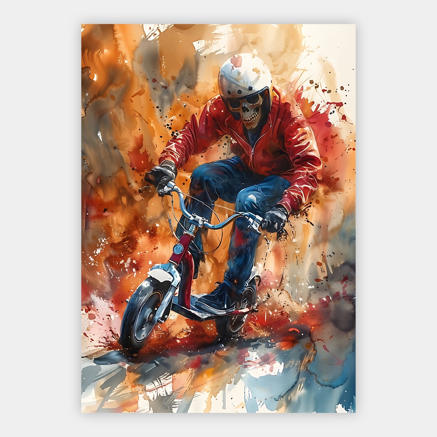 Skelett mit Sonnenbrille auf rotem Motorroller vor feurigem Orangehimmel