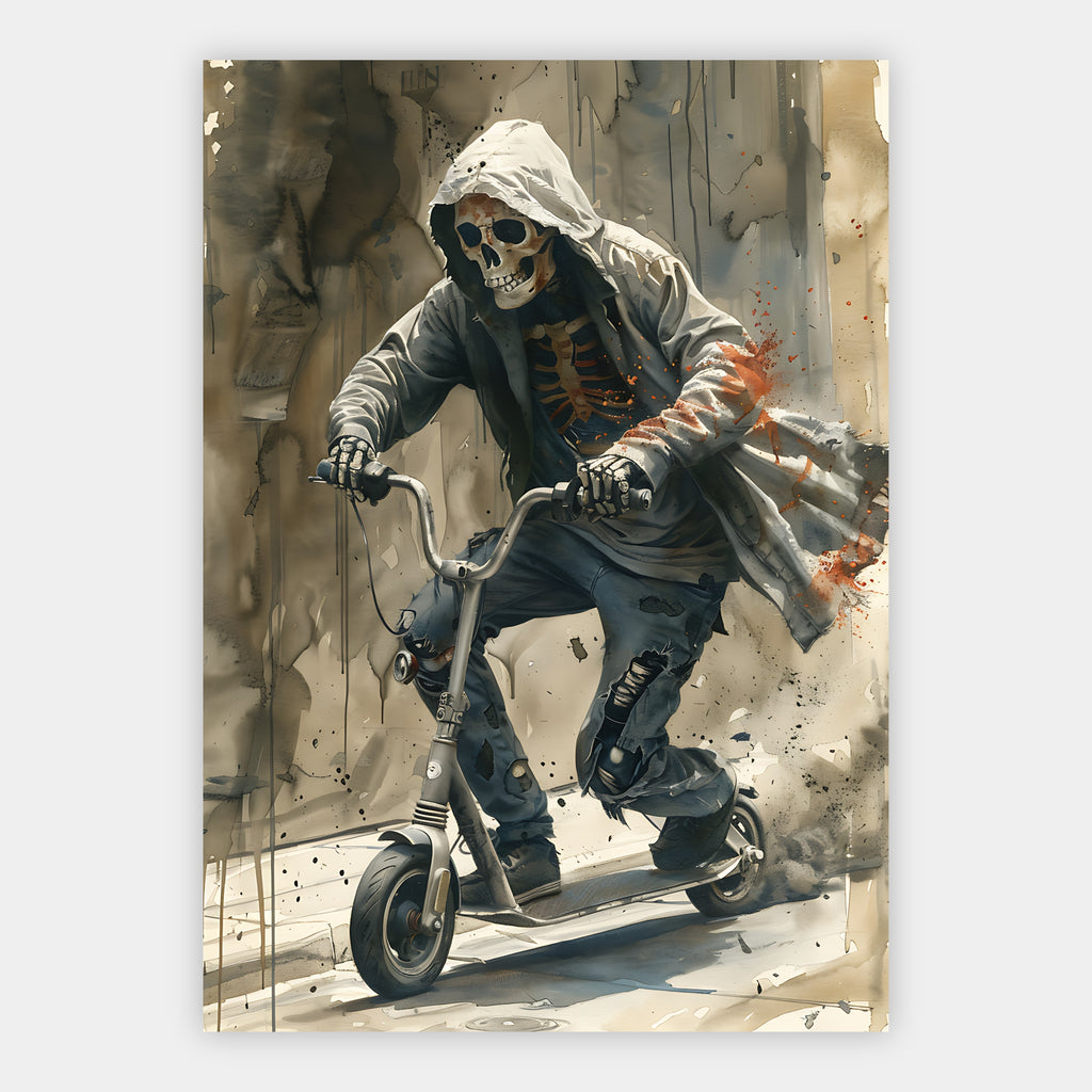 Skelett im Kapuzenpulli mit Rippen-Print auf einem Motorroller