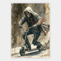 Skelett im Kapuzenpulli mit Rippen-Print auf einem Motorroller
