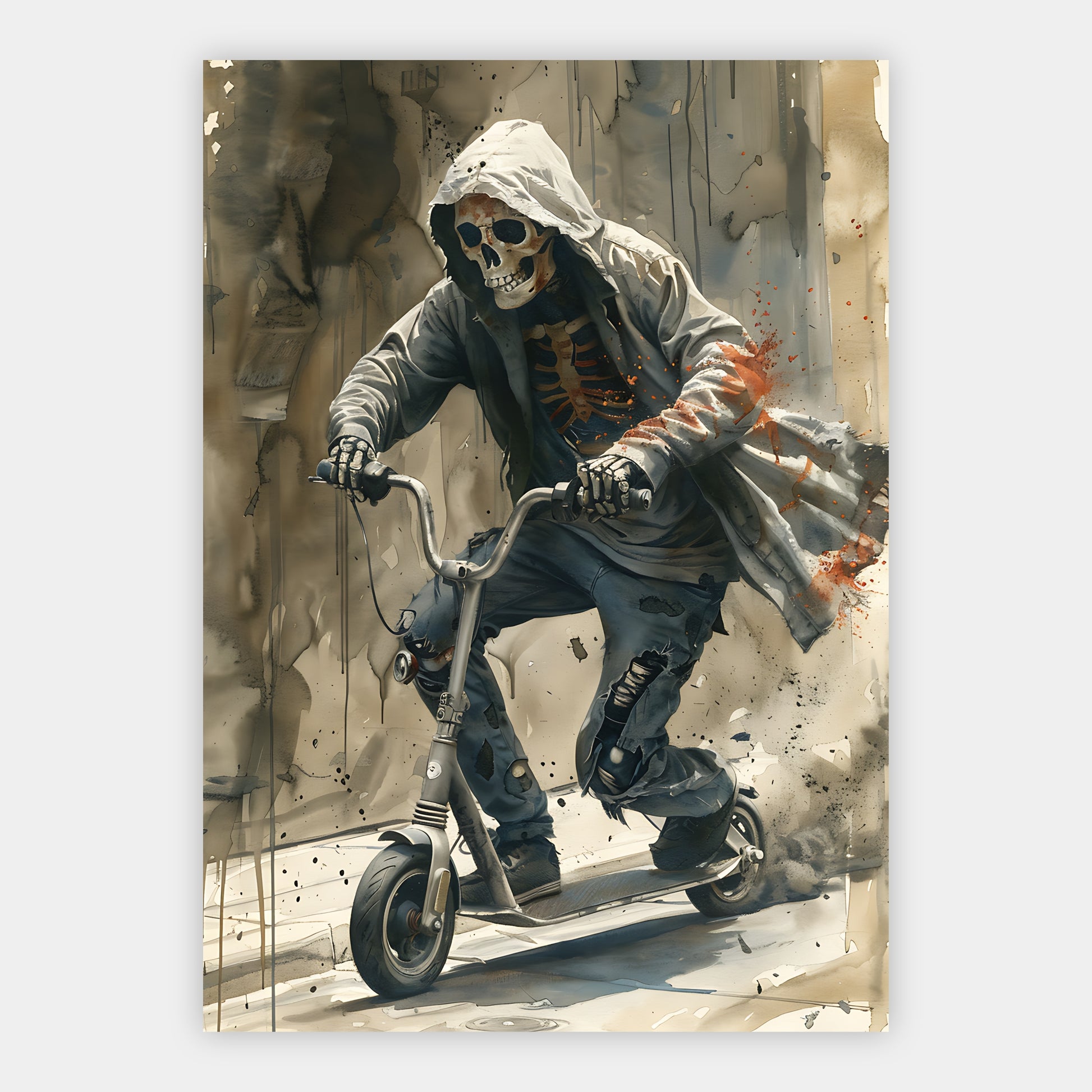 Skelett im Kapuzenpulli mit Rippen-Print auf einem Motorroller