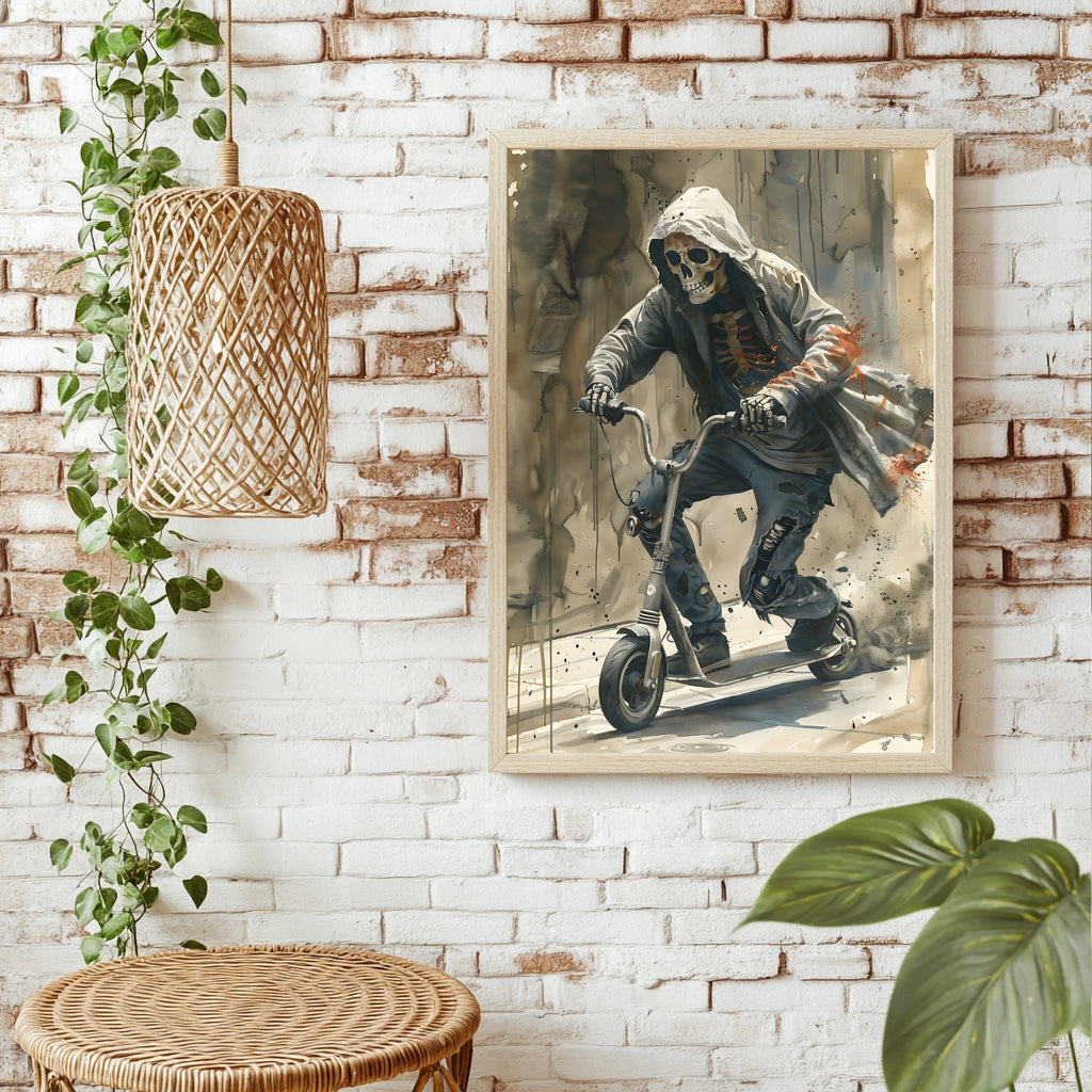 Skelett im Kapuzenpulli mit Rippen-Print auf einem Motorroller