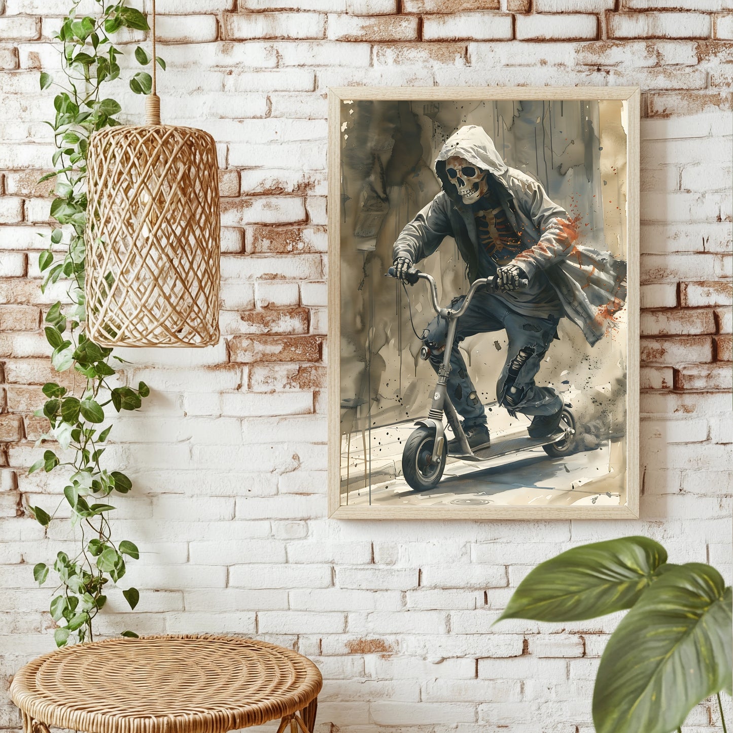 Skelett im Kapuzenpulli mit Rippen-Print auf einem Motorroller