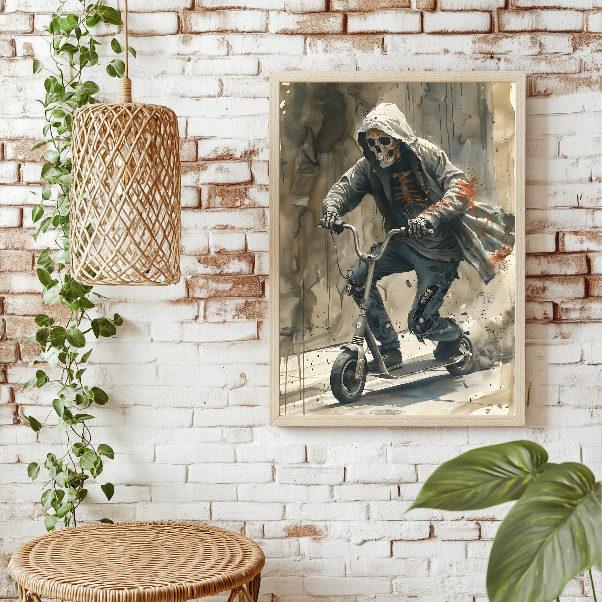Skelett im Kapuzenpulli mit Rippen-Print auf einem Motorroller