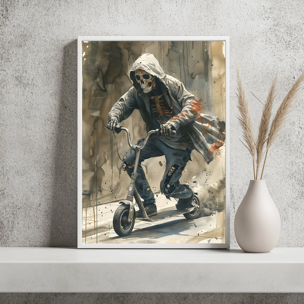 Skelett im Kapuzenpulli mit Rippen-Print auf einem Motorroller
