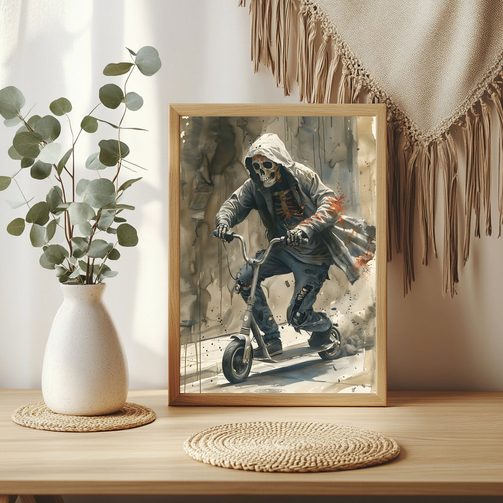 Skelett im Kapuzenpulli mit Rippen-Print auf einem Motorroller