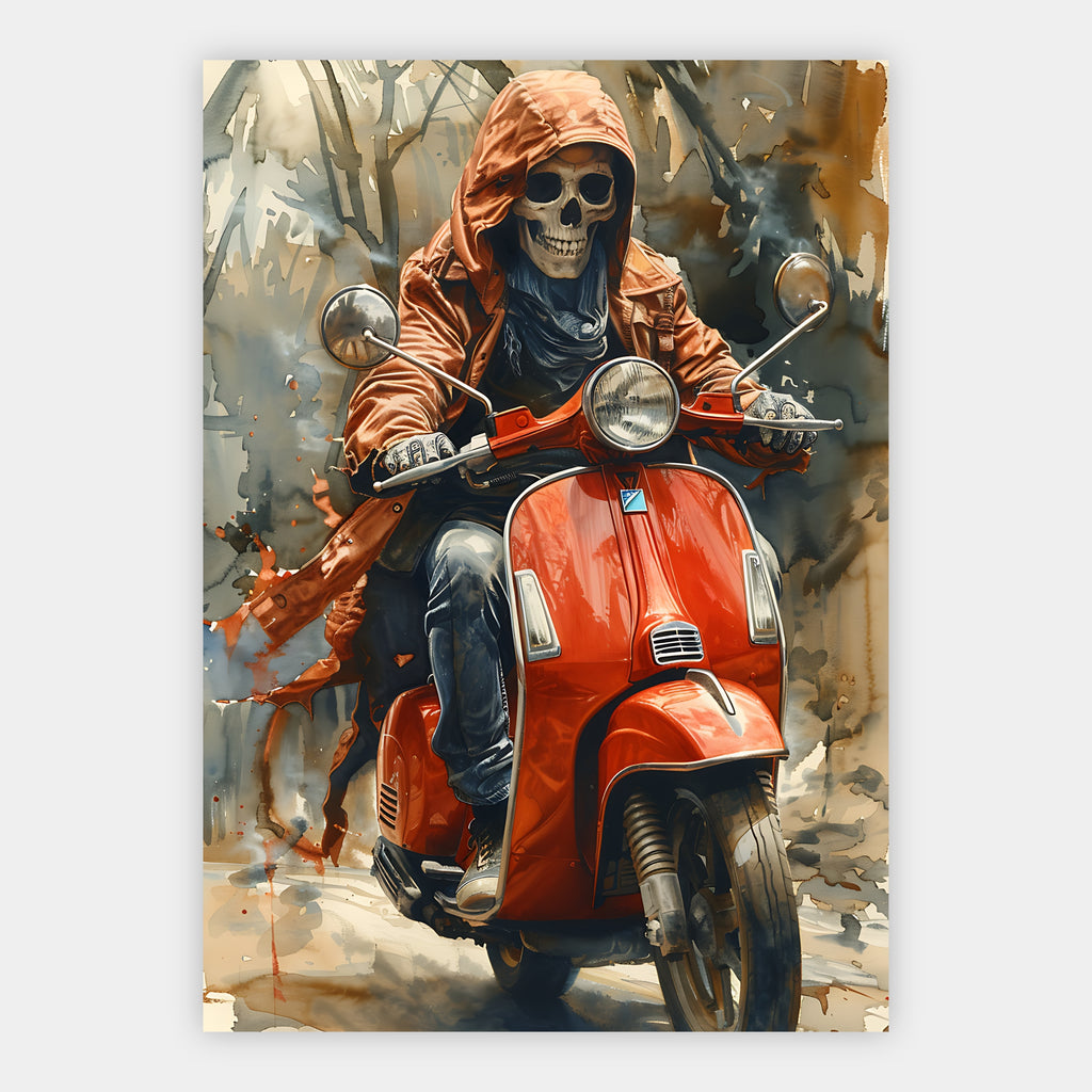 Skelett mit Schal und Kapuze auf einem roten Roller im Herbstwald