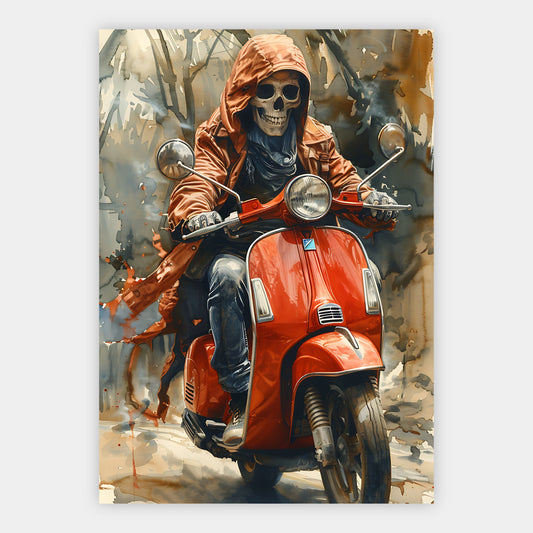 Skelett mit Schal und Kapuze auf einem roten Roller im Herbstwald