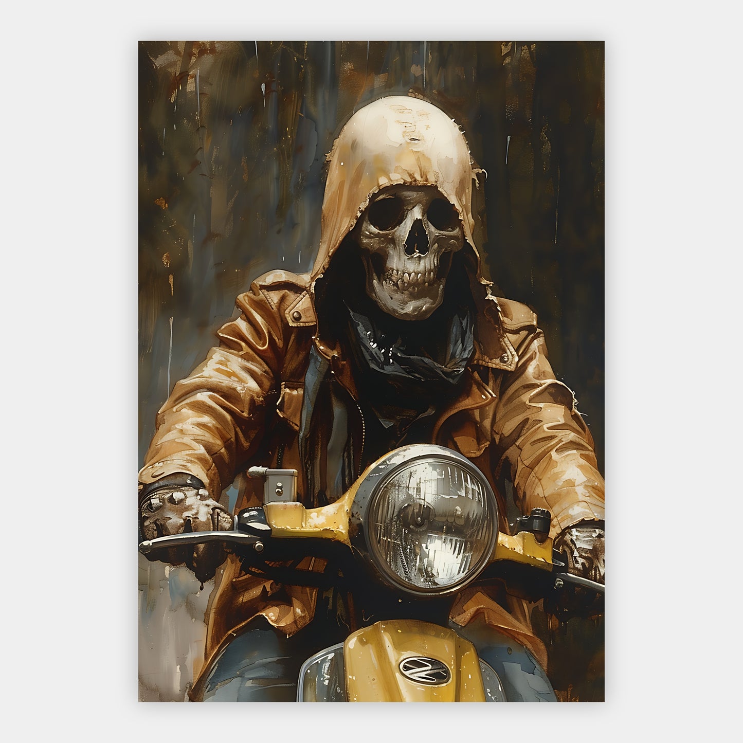 Skelett in goldener Jacke auf gelber Vespa vor dunklem Hintergrund