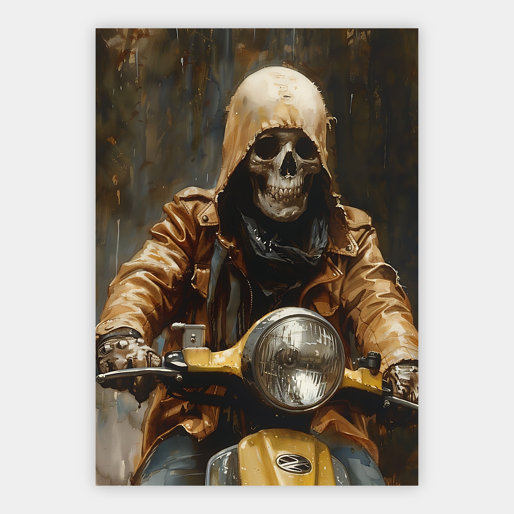 Skelett in goldener Jacke auf gelber Vespa vor dunklem Hintergrund