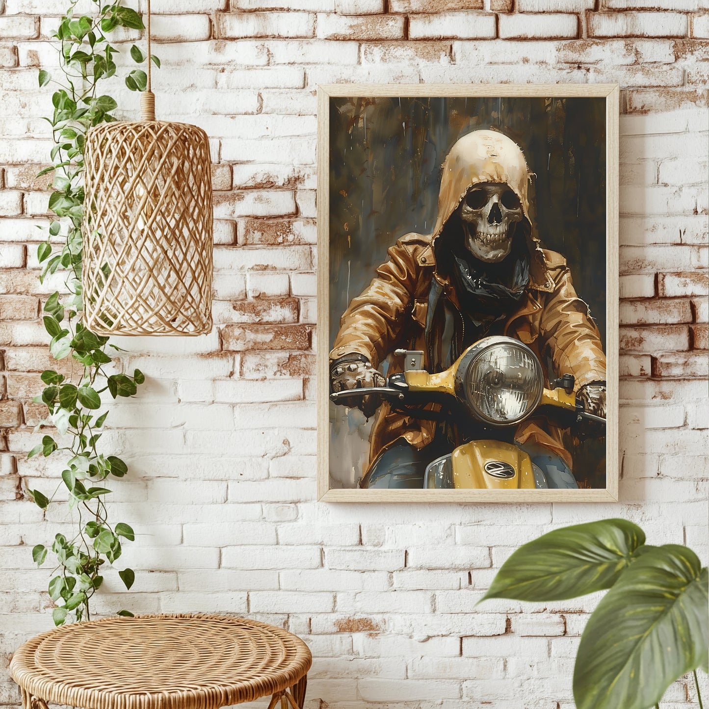 Skelett in goldener Jacke auf gelber Vespa vor dunklem Hintergrund