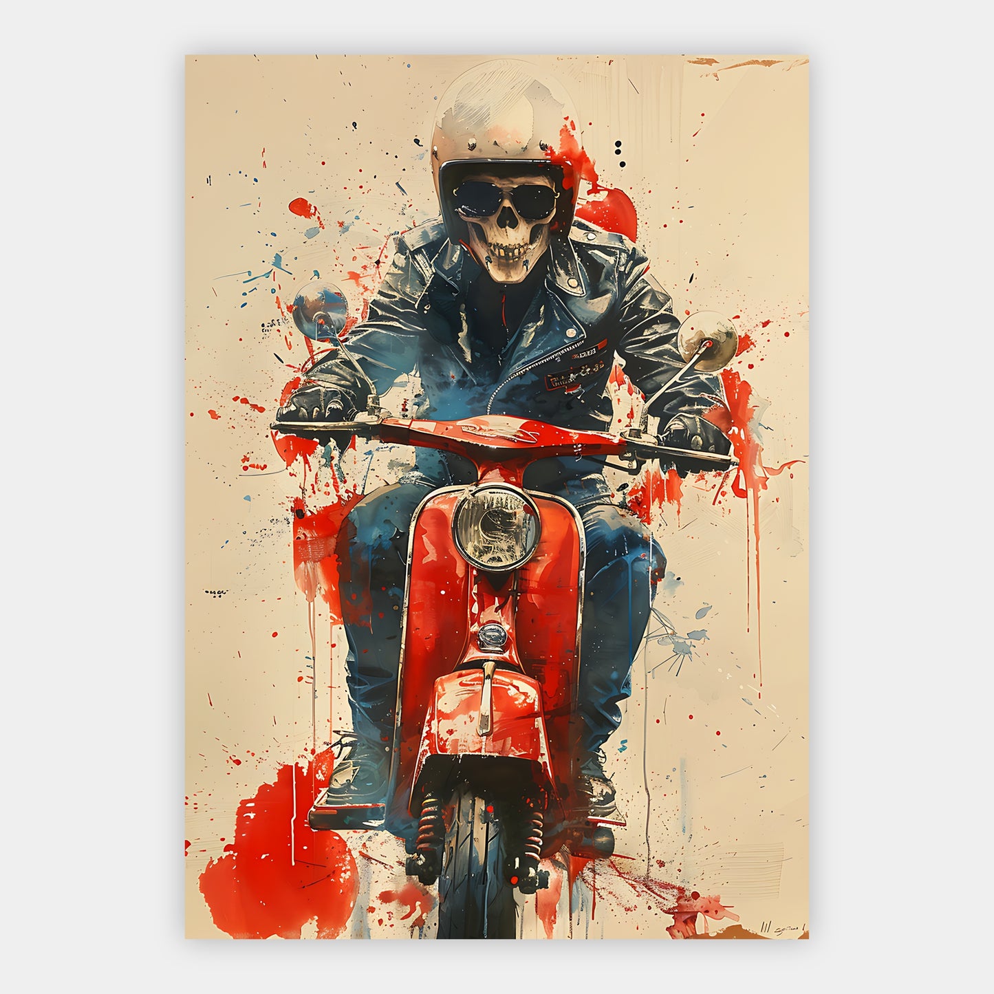 Skelett mit Sonnenbrille und Lederjacke auf roter Vespa vor Vollmond