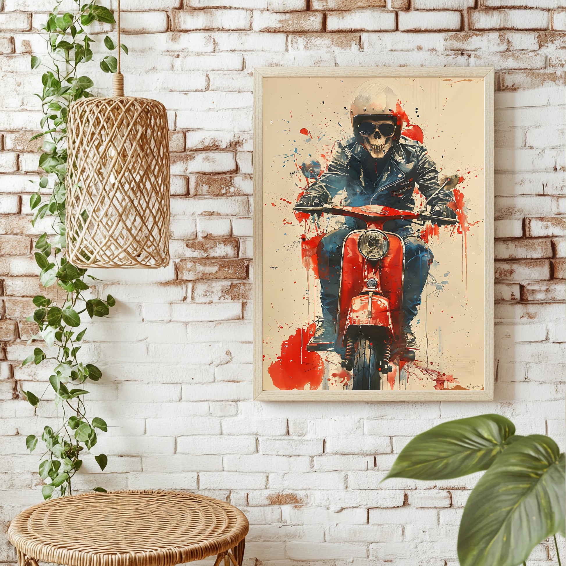 Skelett mit Sonnenbrille und Lederjacke auf roter Vespa vor Vollmond
