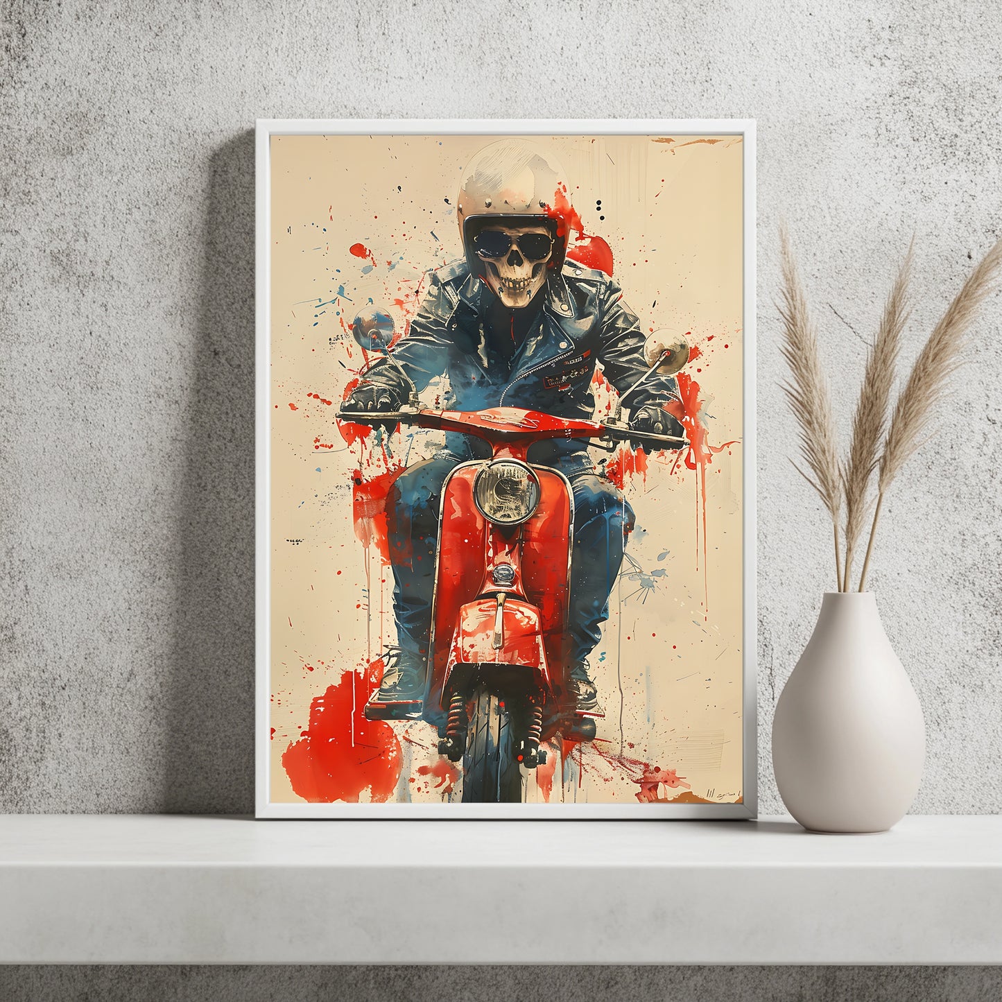 Skelett mit Sonnenbrille und Lederjacke auf roter Vespa vor Vollmond
