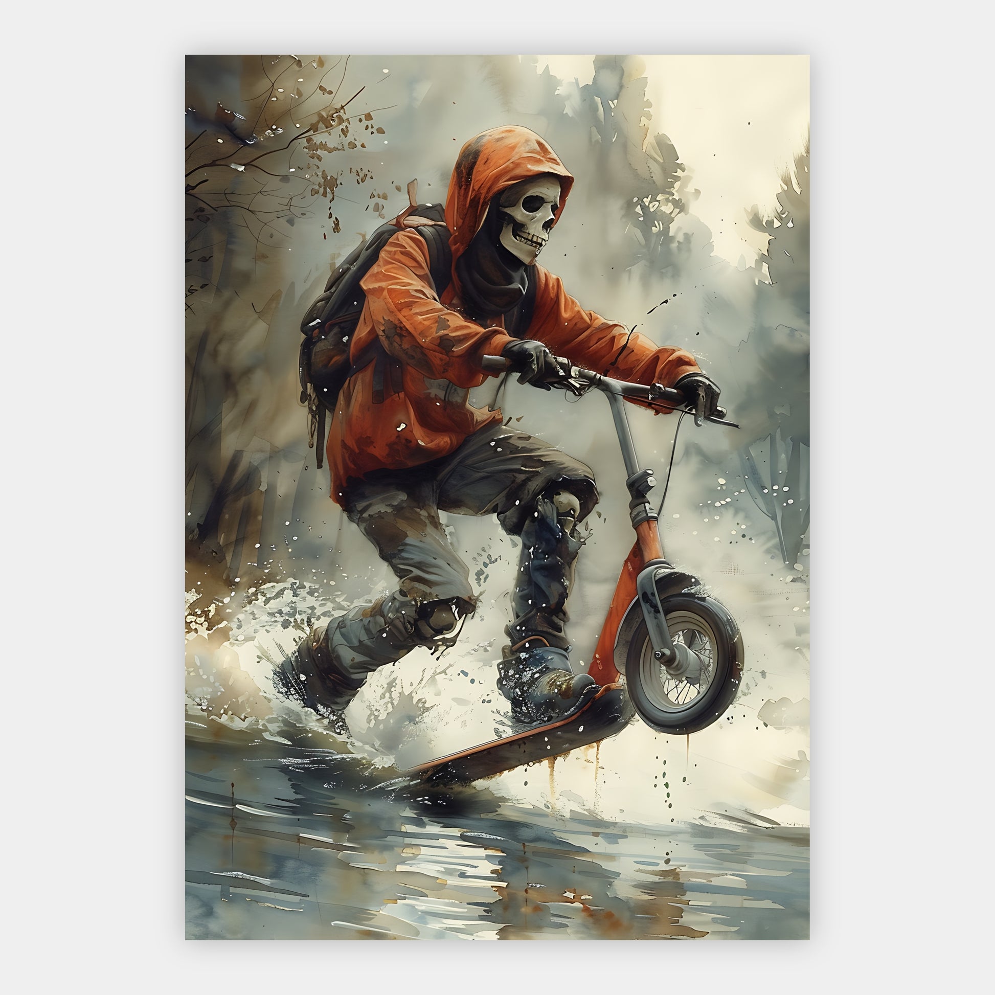 Skelett mit Rucksack springt mit einem Roller durch spritzendes Wasser