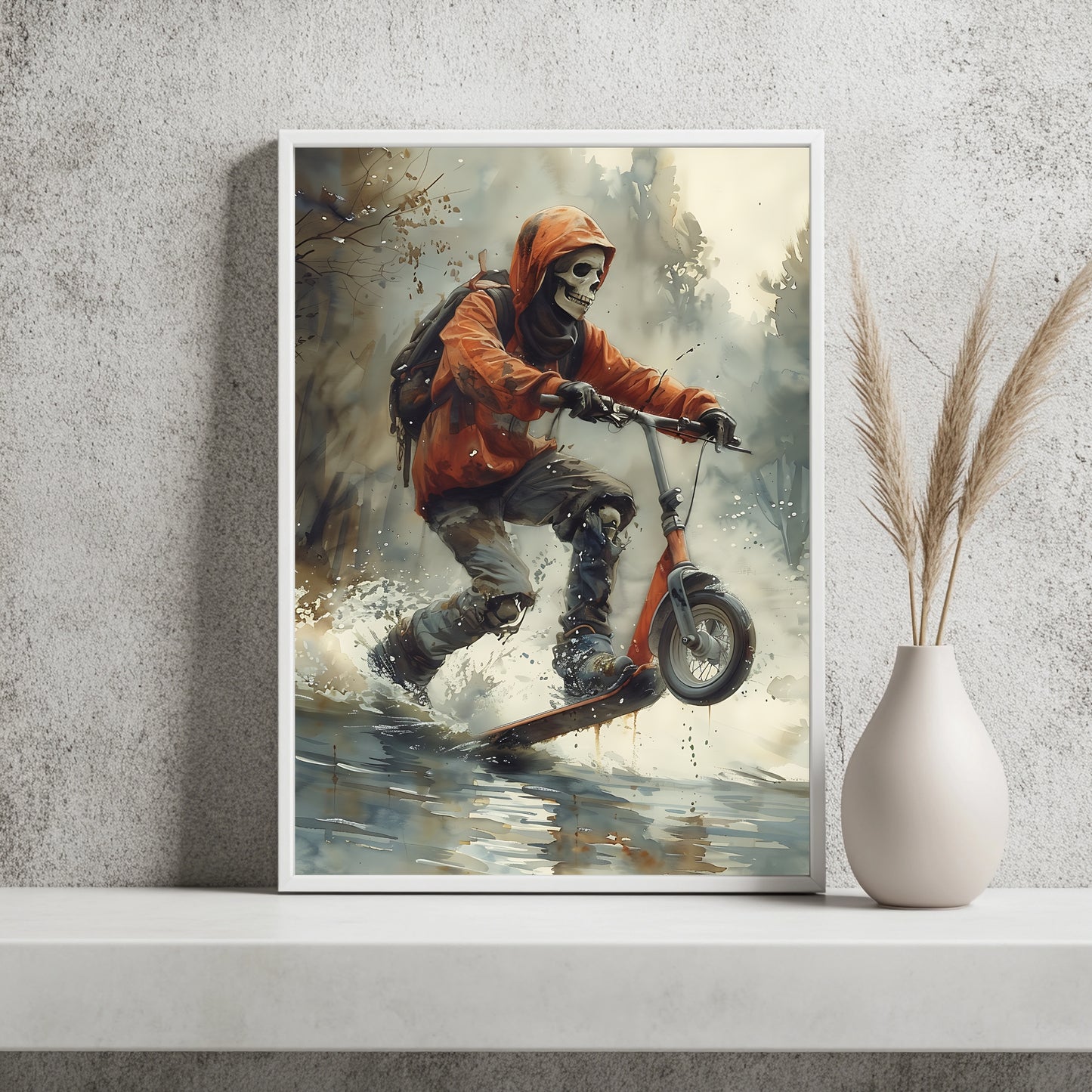 Skelett mit Rucksack springt mit einem Roller durch spritzendes Wasser