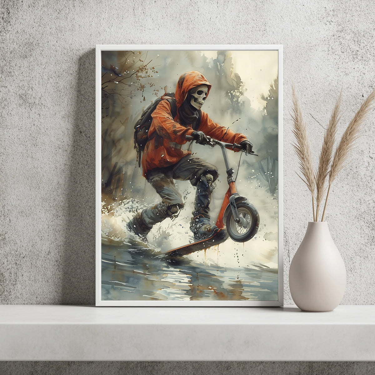 Skelett mit Rucksack springt mit einem Roller durch spritzendes Wasser