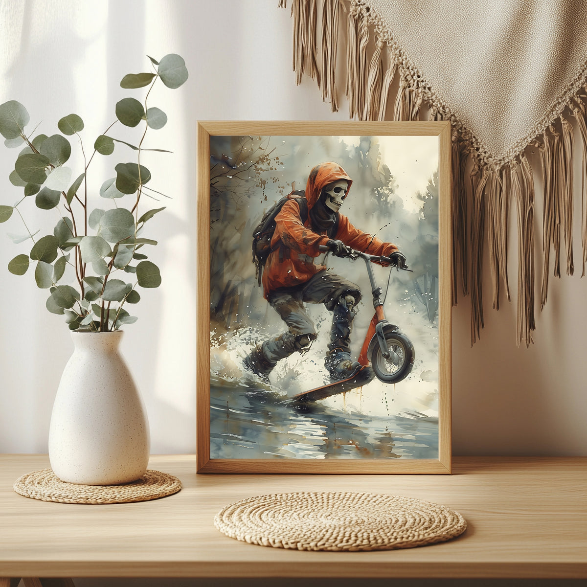 Skelett mit Rucksack springt mit einem Roller durch spritzendes Wasser