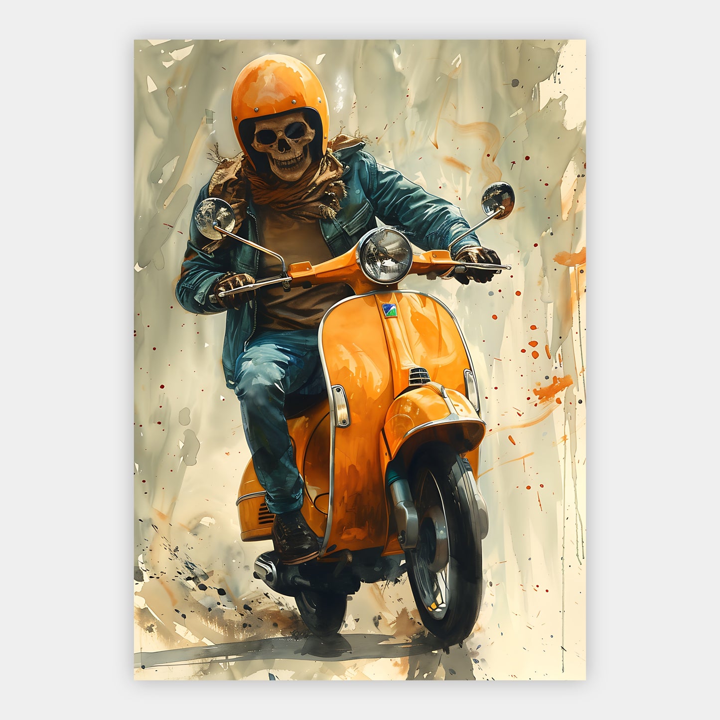 Skelett mit orangefarbenem Helm und Schal auf oranger Vespa