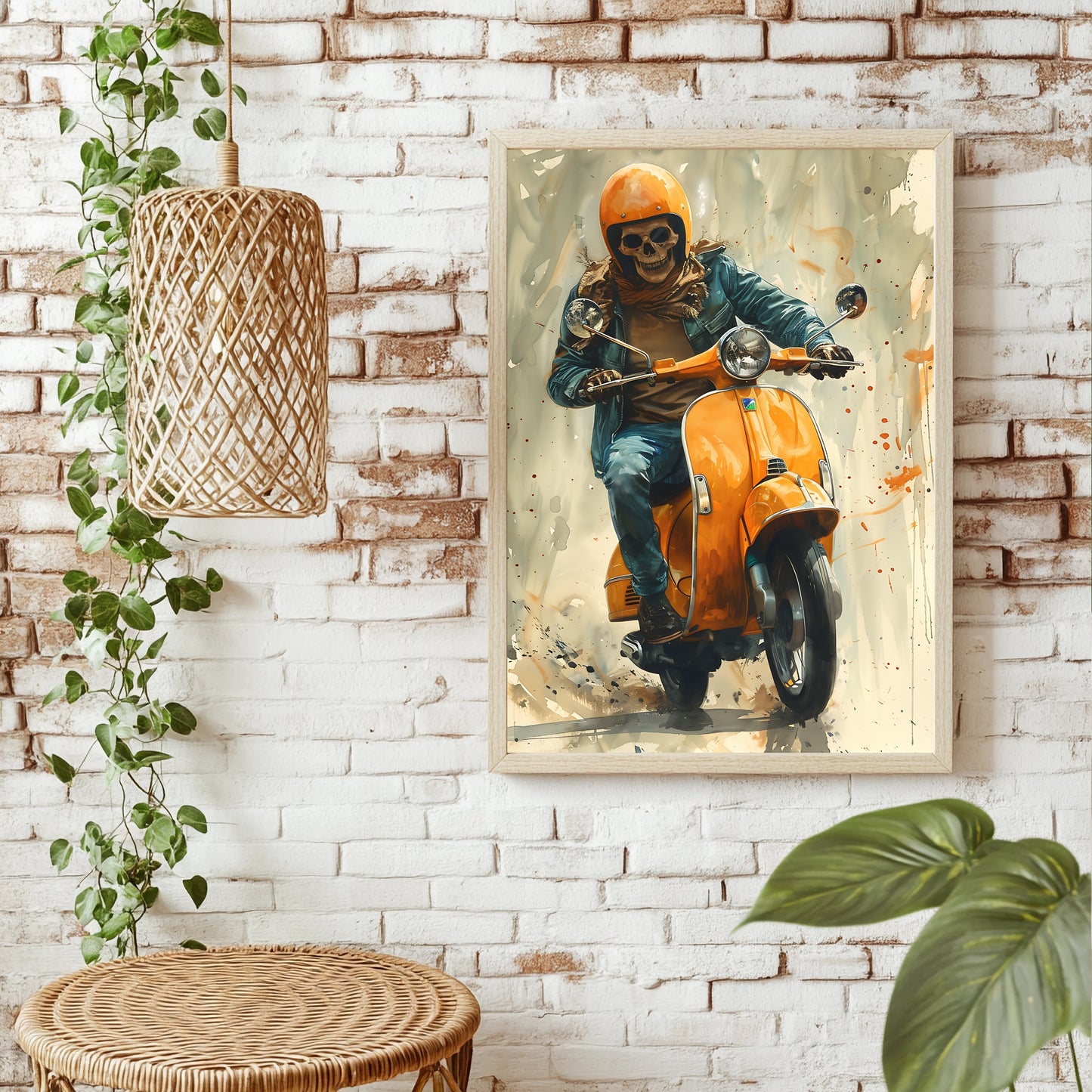 Skelett mit orangefarbenem Helm und Schal auf oranger Vespa