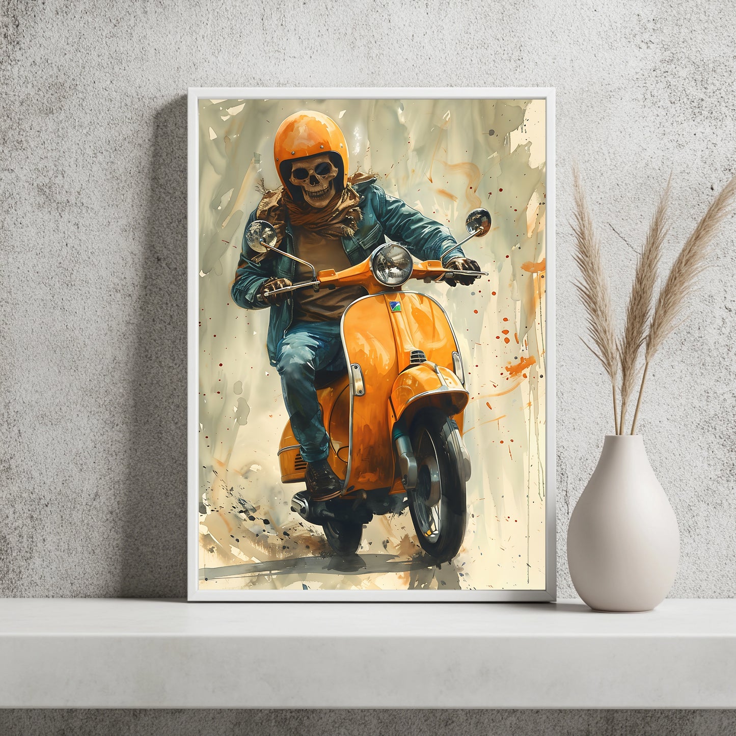 Skelett mit orangefarbenem Helm und Schal auf oranger Vespa