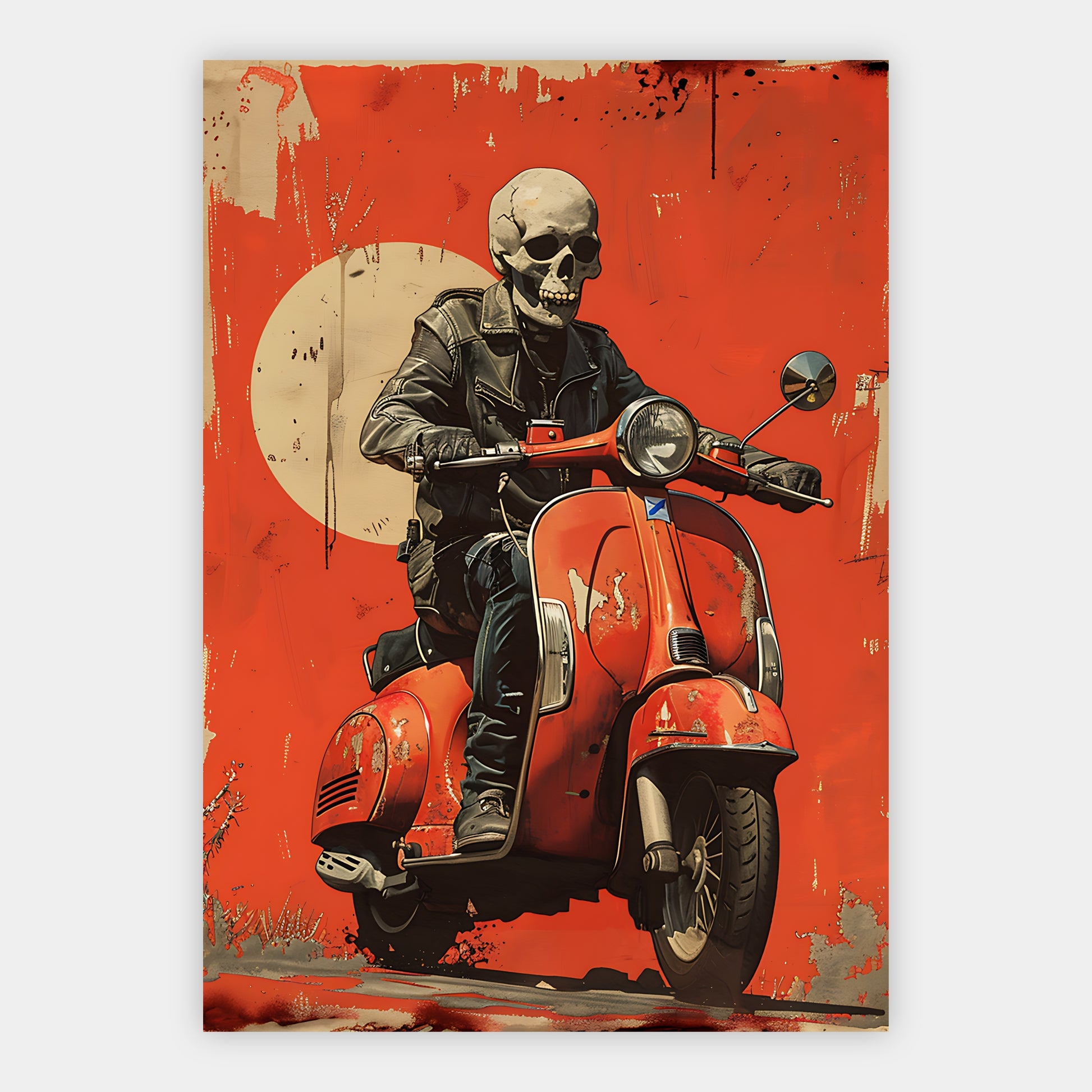 Skelett auf rostiger Vespa vor rotem Hintergrund mit Vollmond