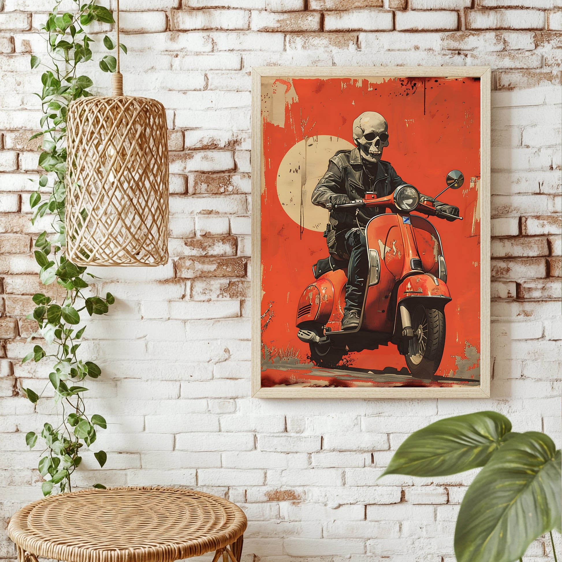 Skelett auf rostiger Vespa vor rotem Hintergrund mit Vollmond