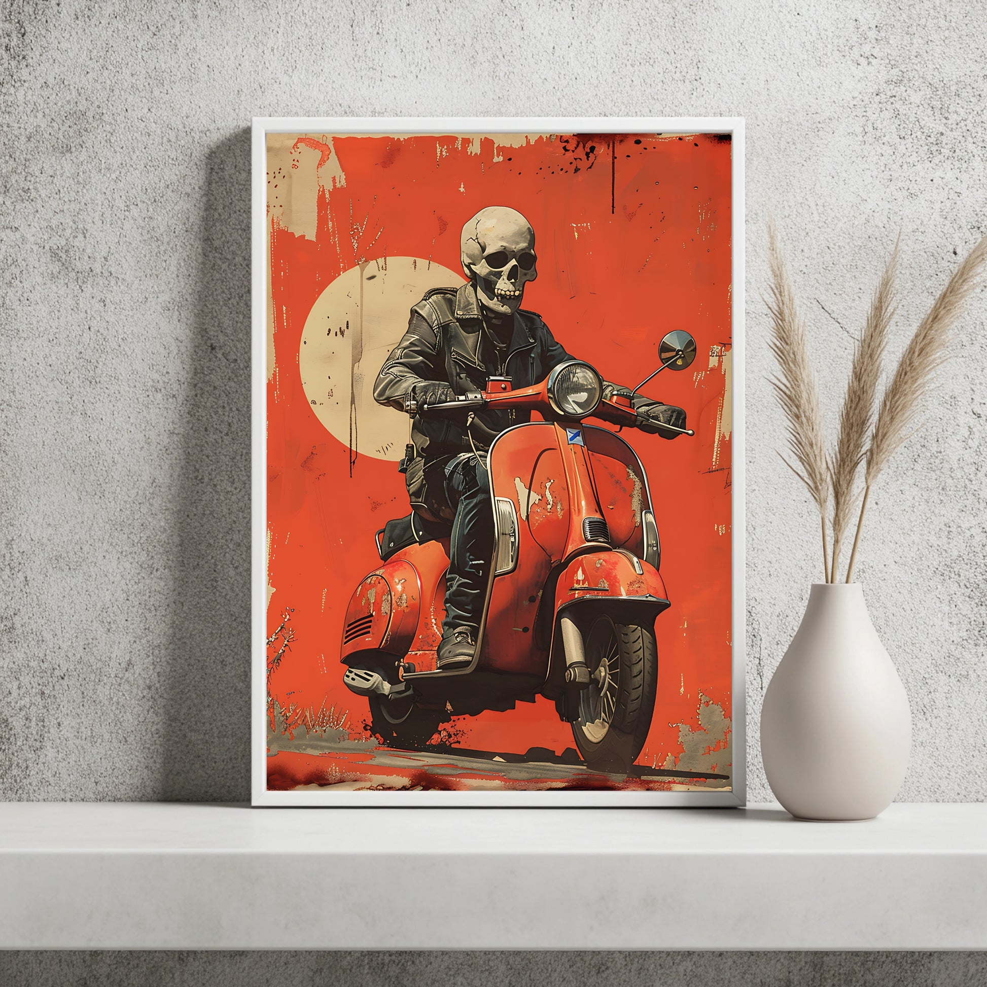 Skelett auf rostiger Vespa vor rotem Hintergrund mit Vollmond