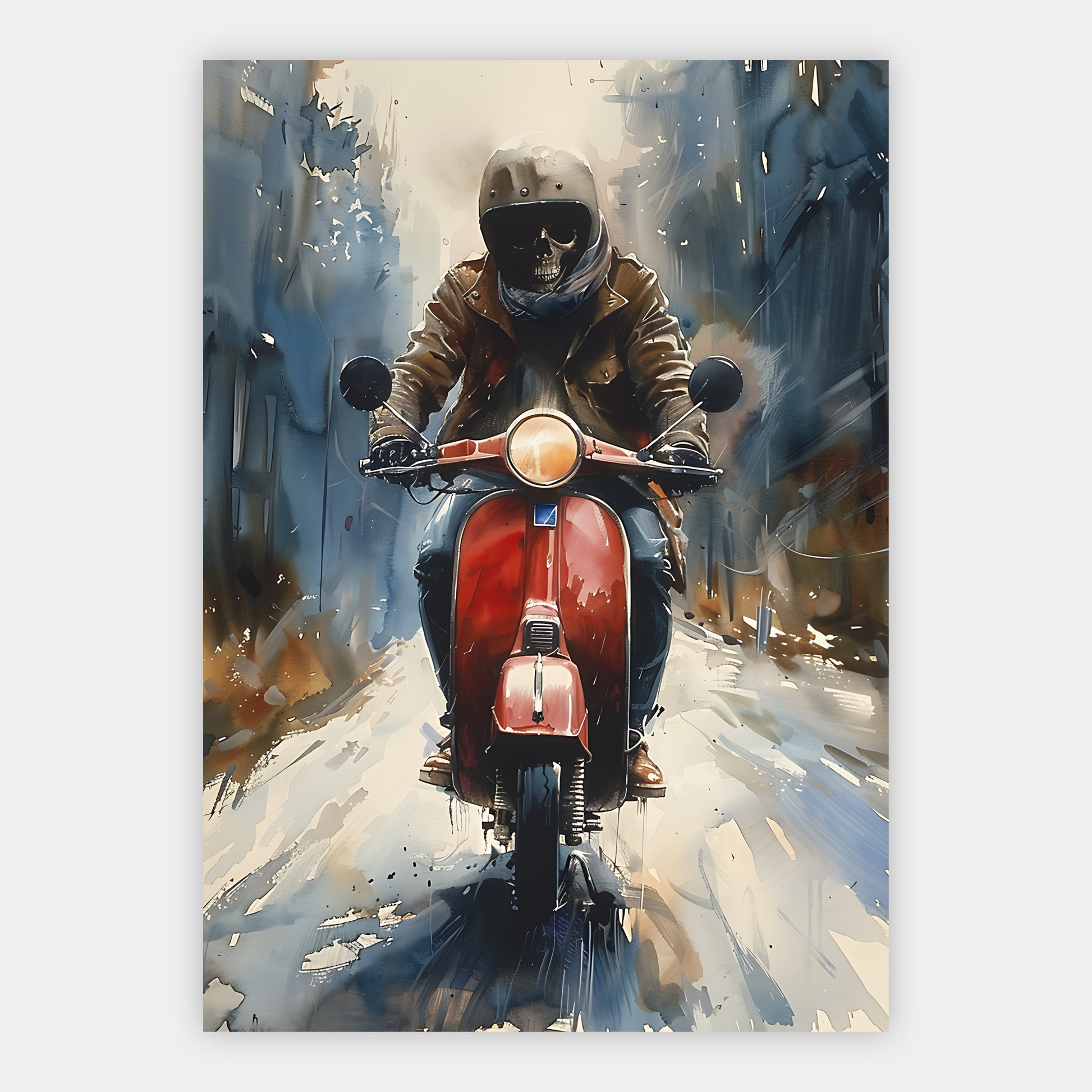Skelett mit brauner Lederjacke auf roter Vespa in blaugrauer Regenszene