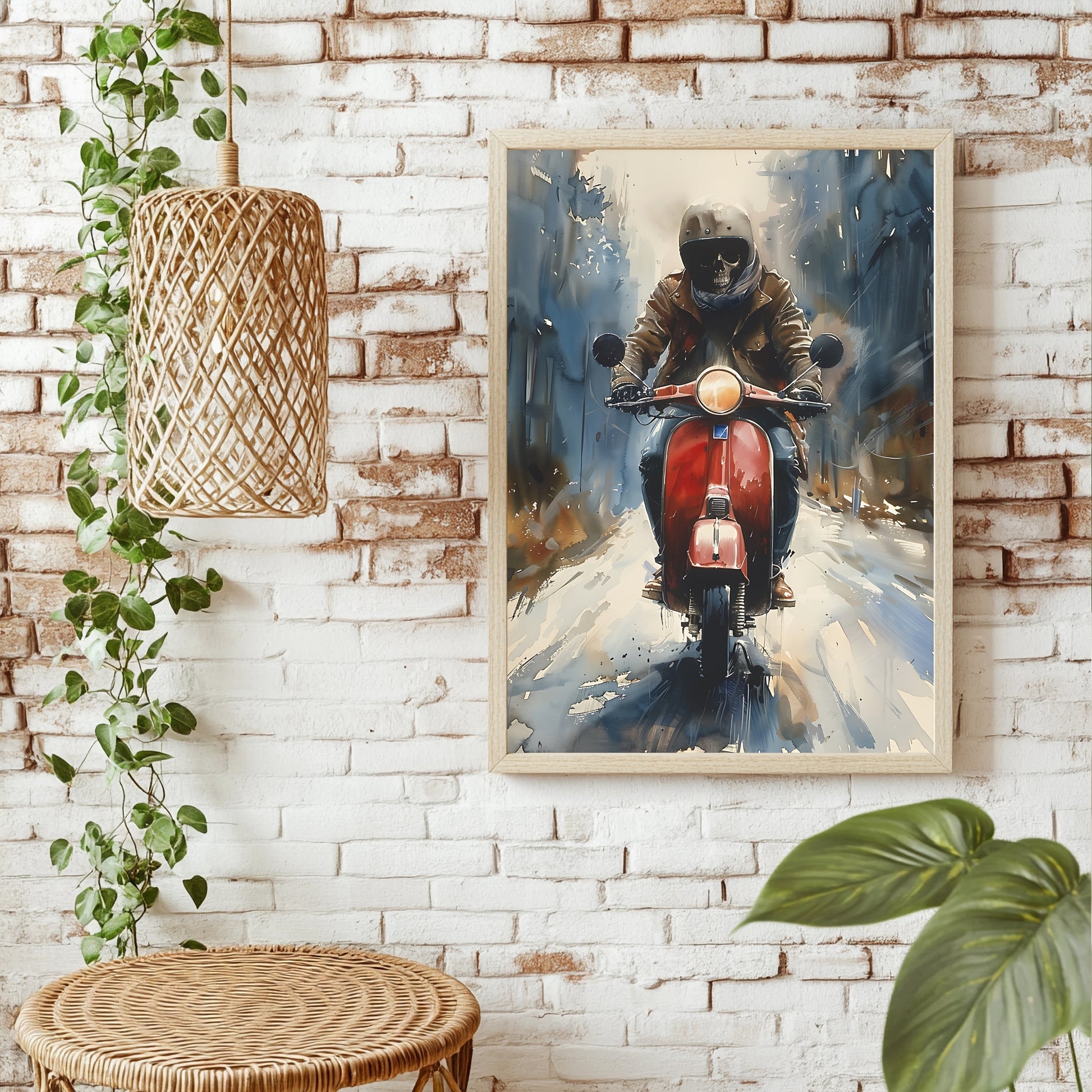 Skelett mit brauner Lederjacke auf roter Vespa in blaugrauer Regenszene