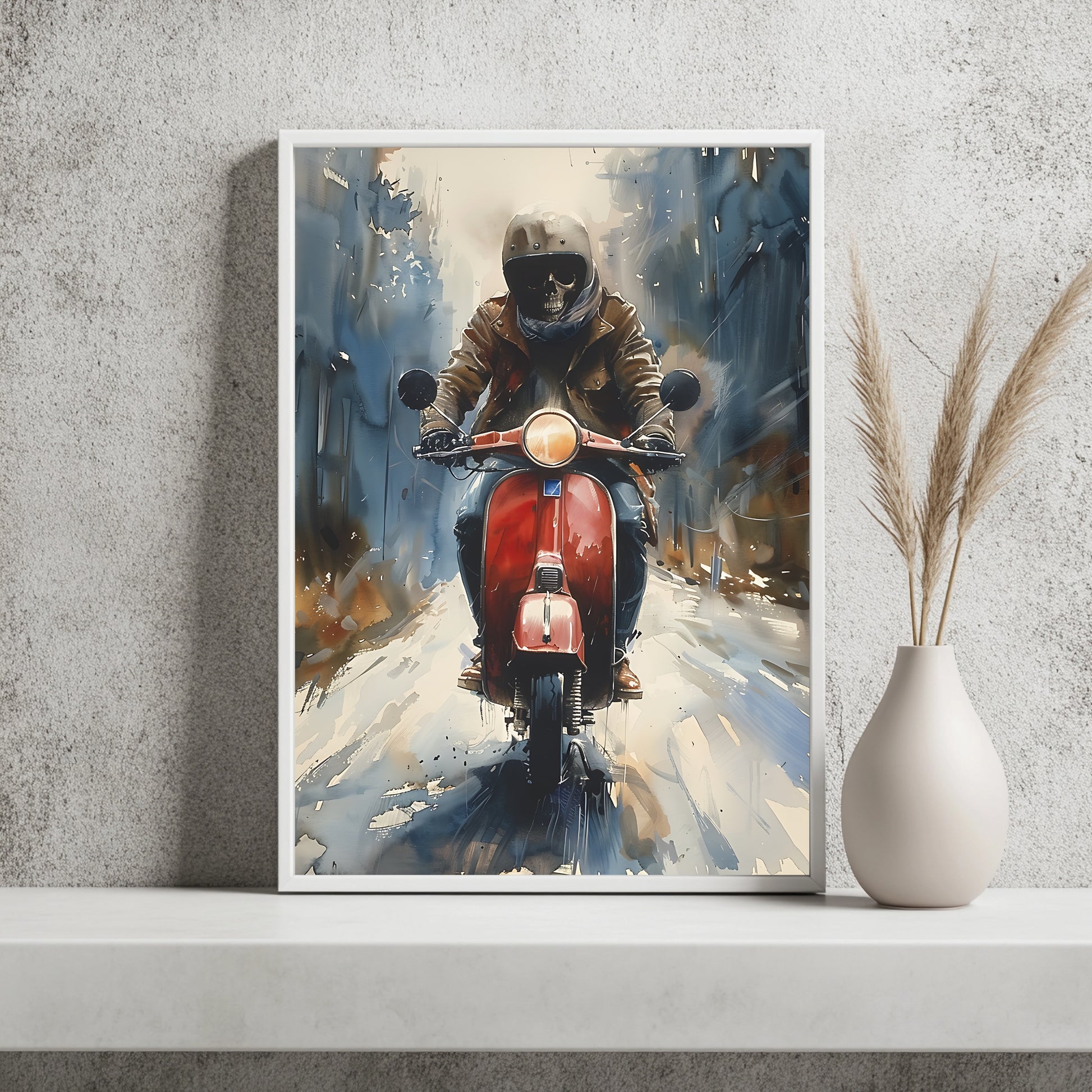 Skelett mit brauner Lederjacke auf roter Vespa in blaugrauer Regenszene
