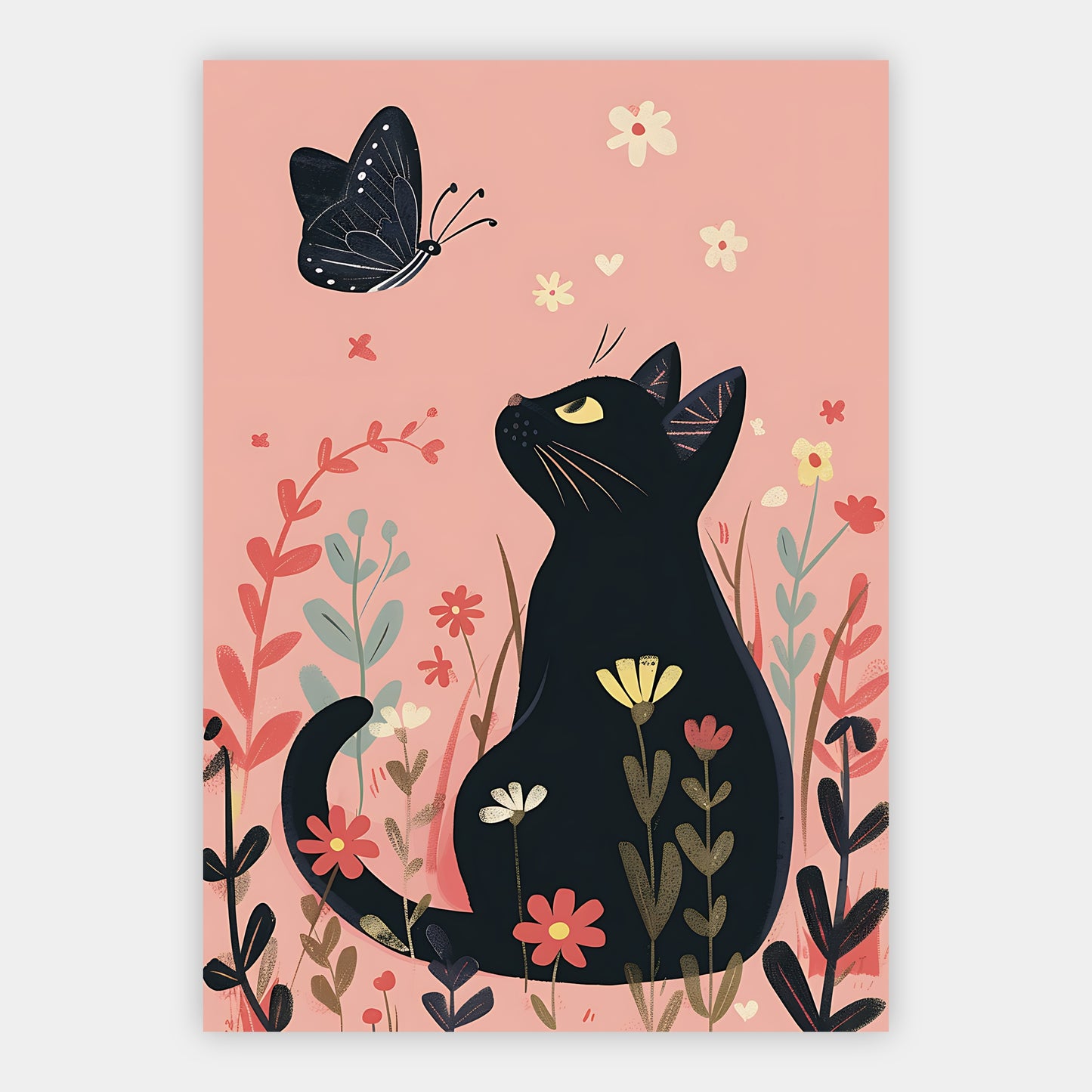 Illustrierte schwarze Katze blickt zu einem Schmetterling zwischen rosa Blumen