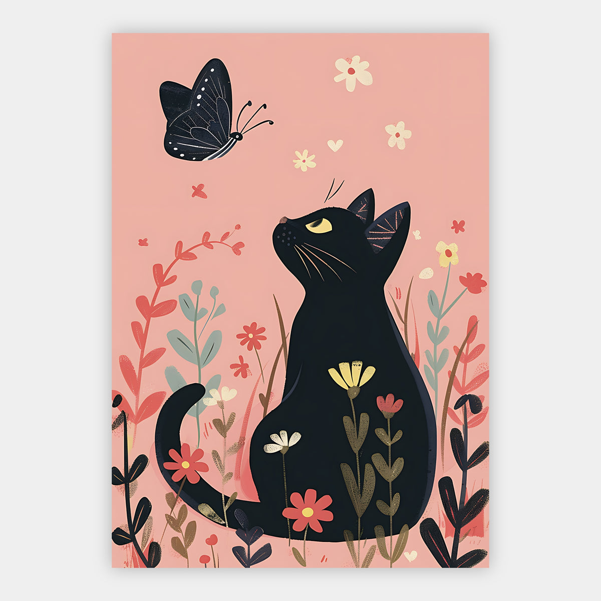 Schwarze Katze mit Schmetterling Poster – Produktansicht 1
