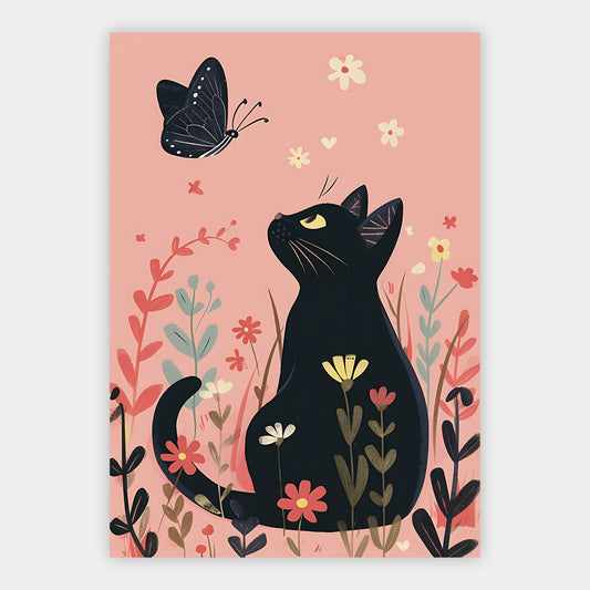 Schwarze Katze mit Schmetterling Poster – Produktansicht 1