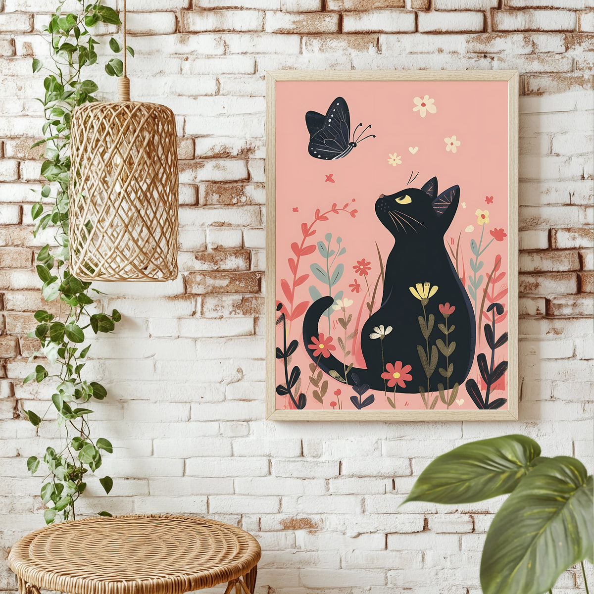 Schwarze Katze mit Schmetterling Poster – Produktansicht 2