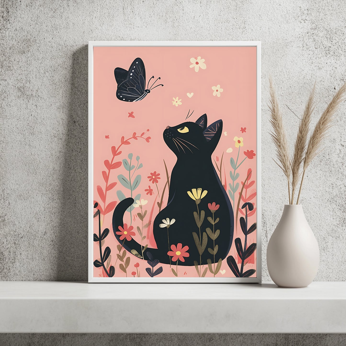 Illustrierte schwarze Katze blickt zu einem Schmetterling zwischen rosa Blumen