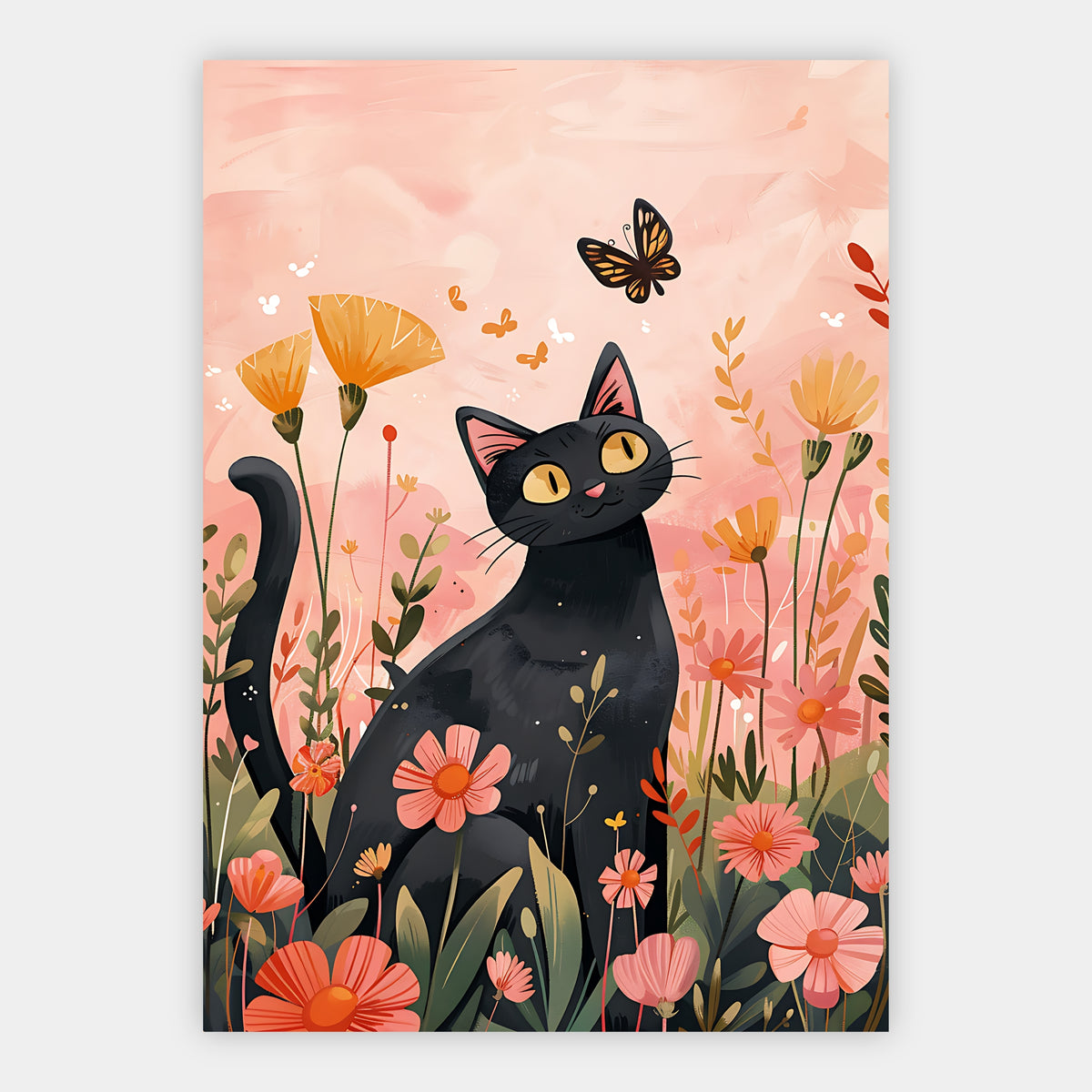 Lächelnde schwarze Katze in einem Blumenmeer aus Orange und Rosa