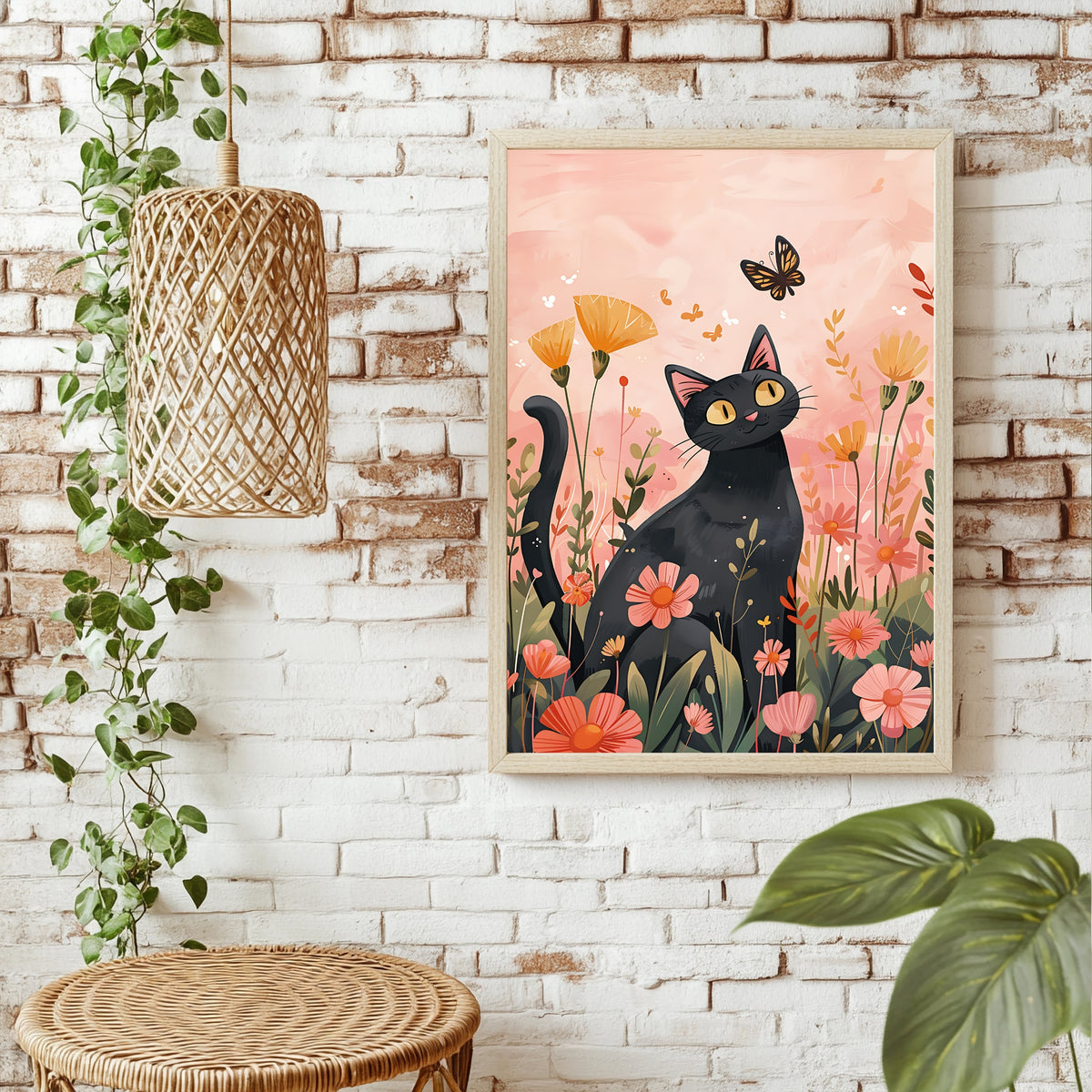 Lächelnde schwarze Katze in einem Blumenmeer aus Orange und Rosa