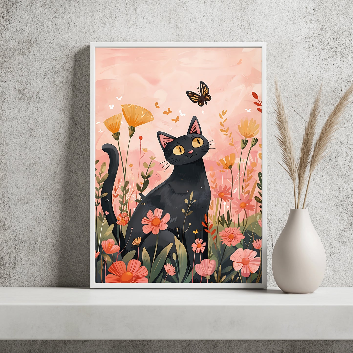 Lächelnde schwarze Katze in einem Blumenmeer aus Orange und Rosa