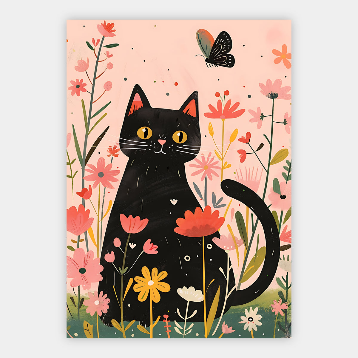 Schwarze Katze mit geringeltem Schwanz zwischen bunten Blumen