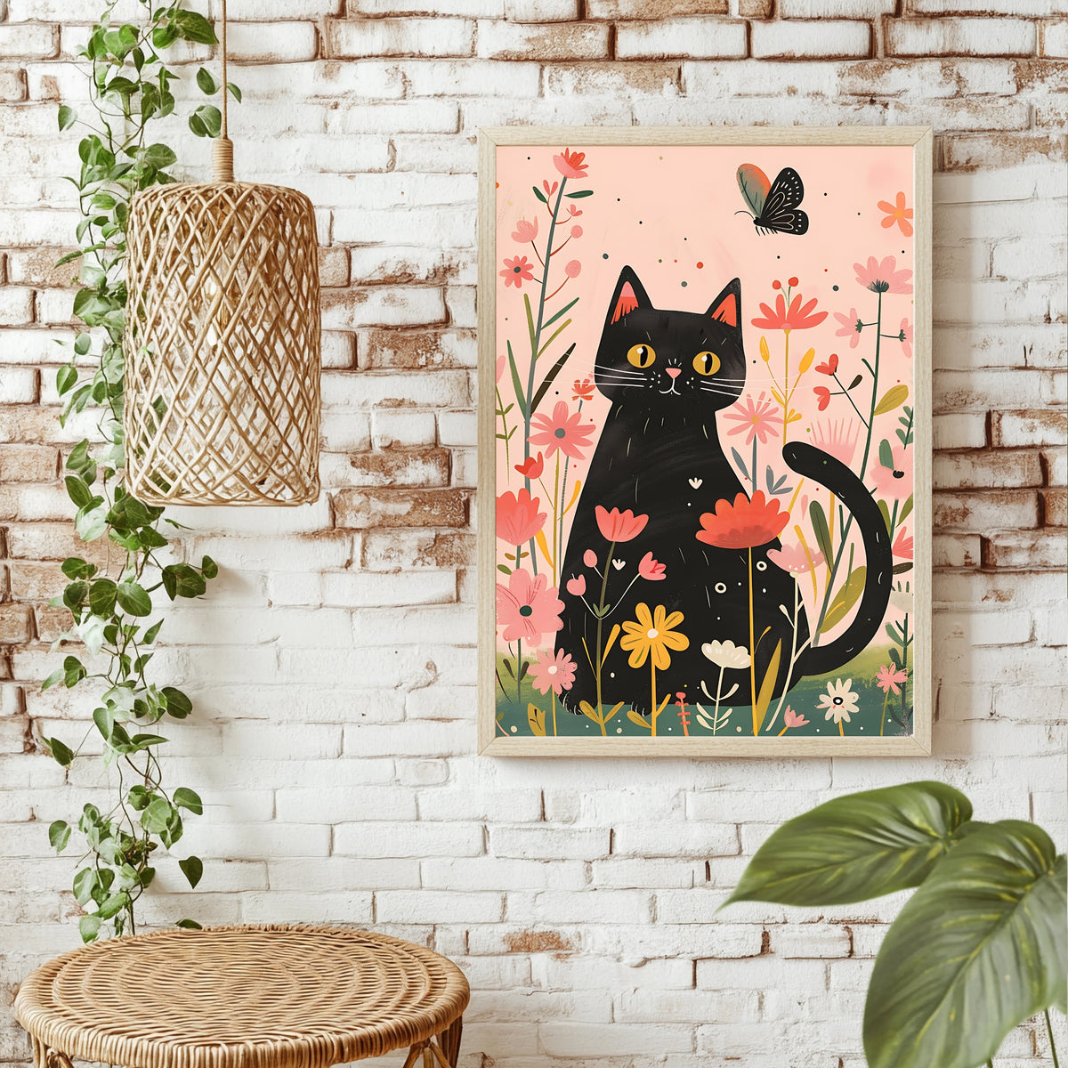 Schwarze Katze mit geringeltem Schwanz zwischen bunten Blumen