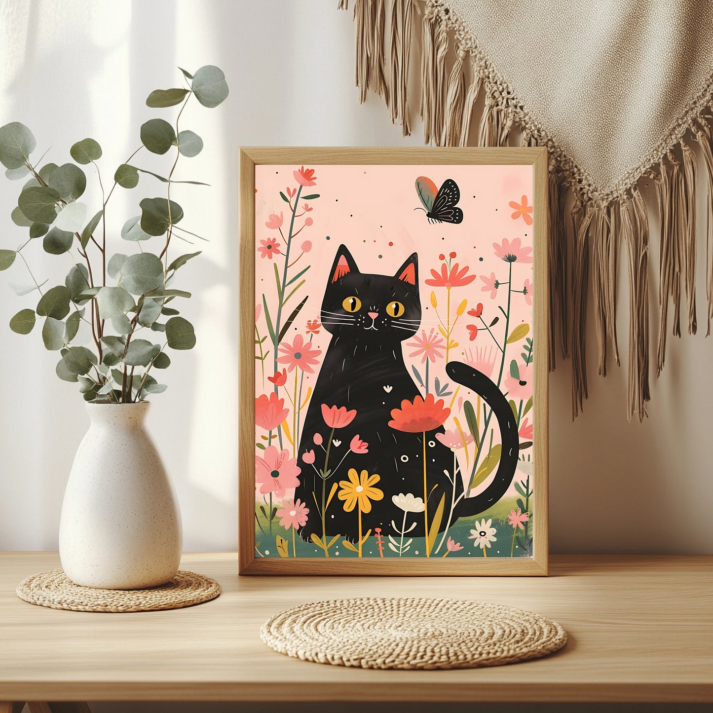 Schwarze Katze mit geringeltem Schwanz zwischen bunten Blumen