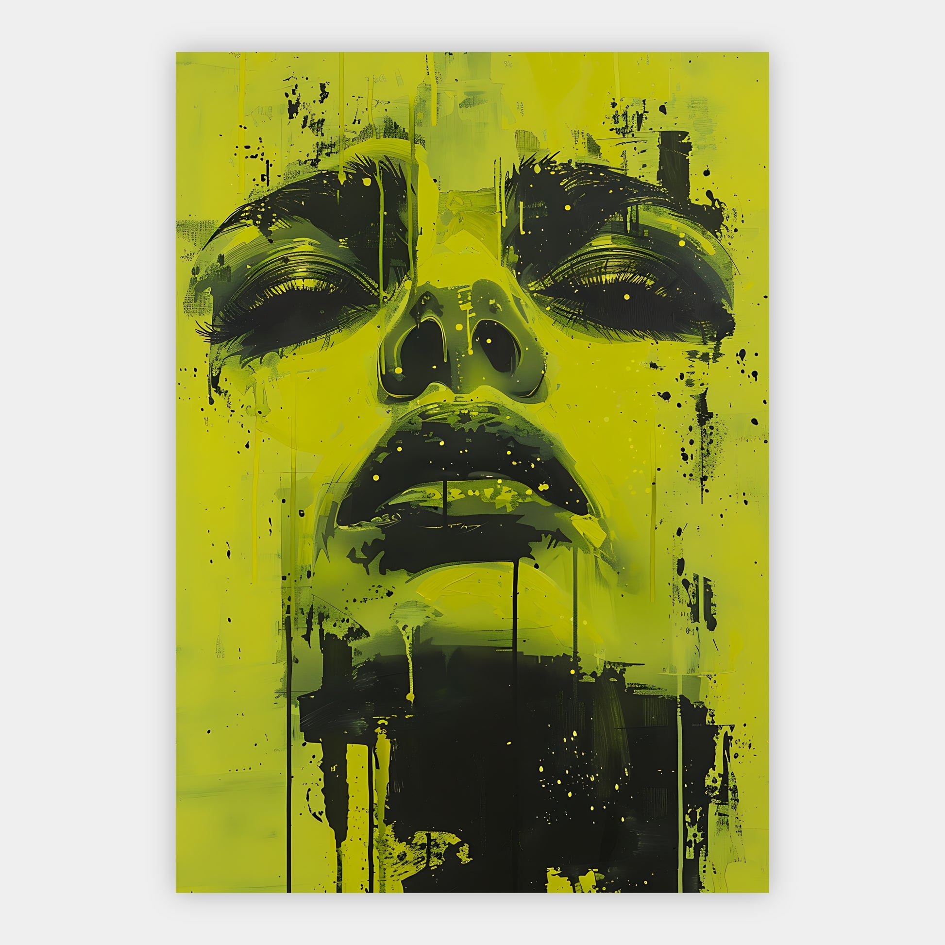 Surreales Porträt mit Sonnenblumen über den Augen und gelbem Farbfluss