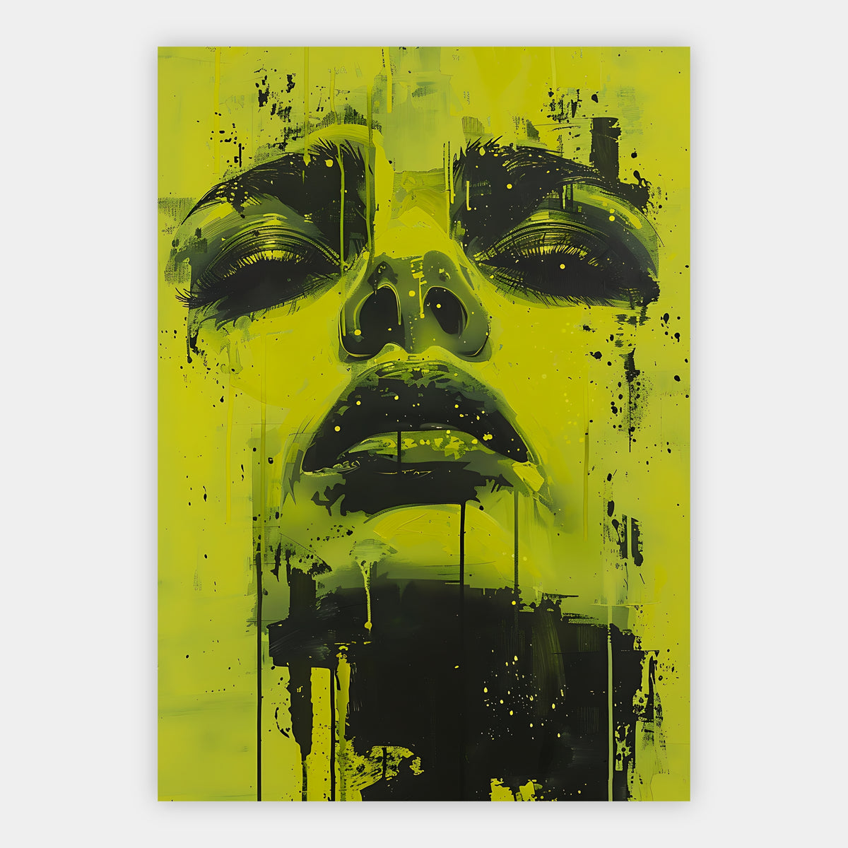 Surreales Porträt mit Sonnenblumen über den Augen und gelbem Farbfluss