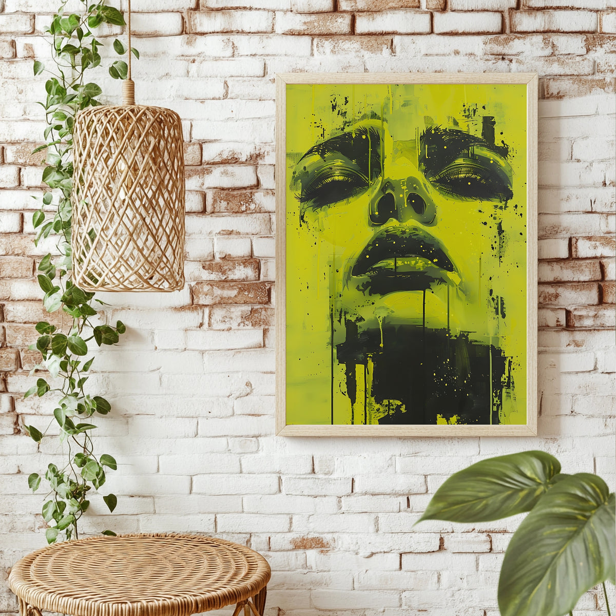 Surreales Porträt mit Sonnenblumen über den Augen und gelbem Farbfluss