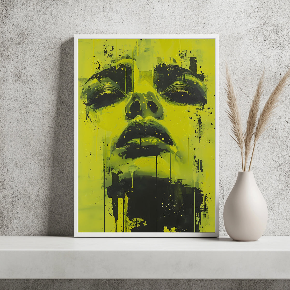 Surreales Porträt mit Sonnenblumen über den Augen und gelbem Farbfluss