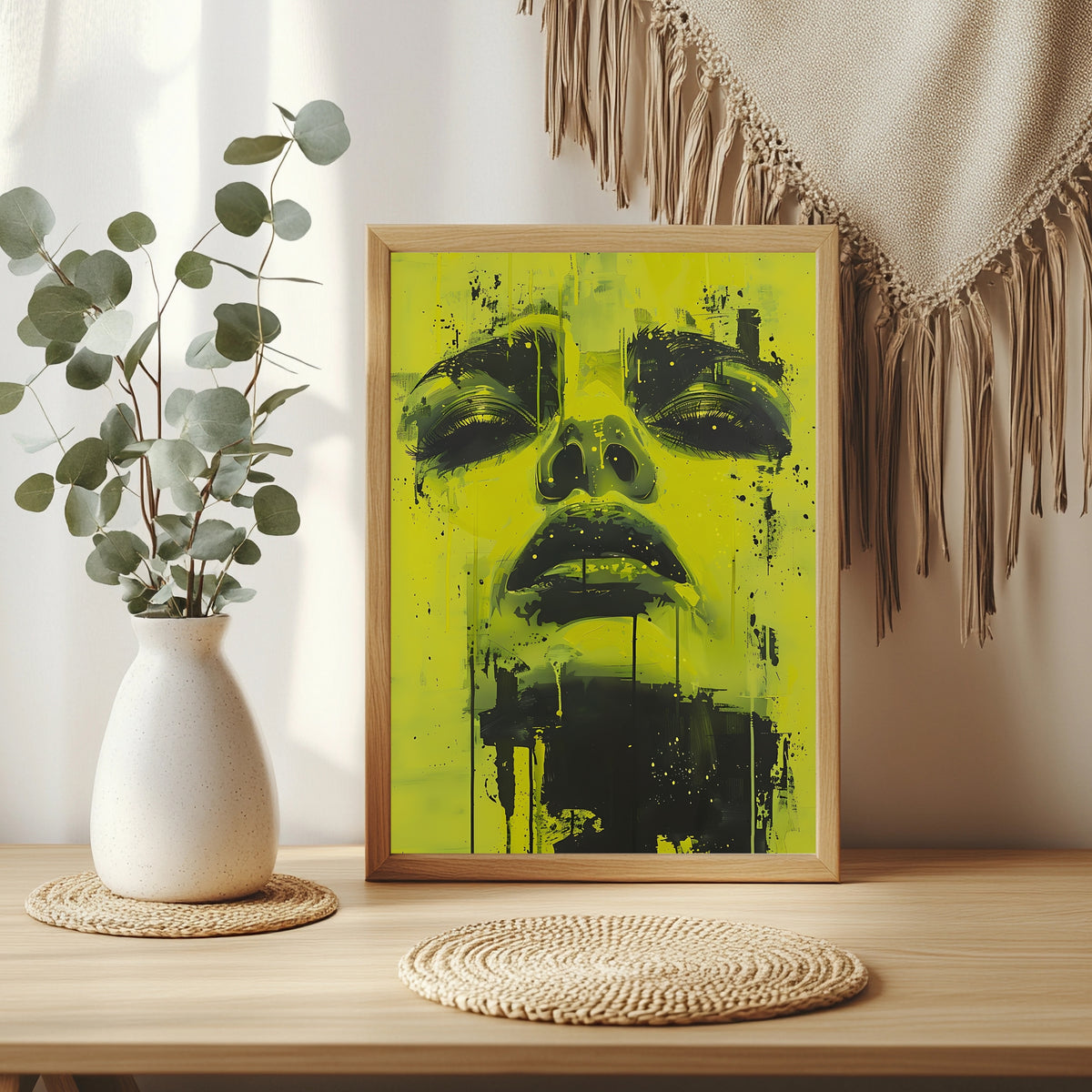 Surreales Porträt mit Sonnenblumen über den Augen und gelbem Farbfluss