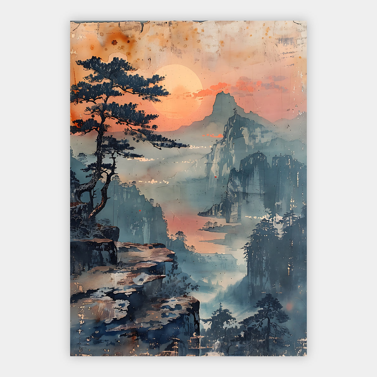 Japanische Tuschemalerei mit Kiefer über einer nebligen Bergschlucht bei Sonnenuntergang