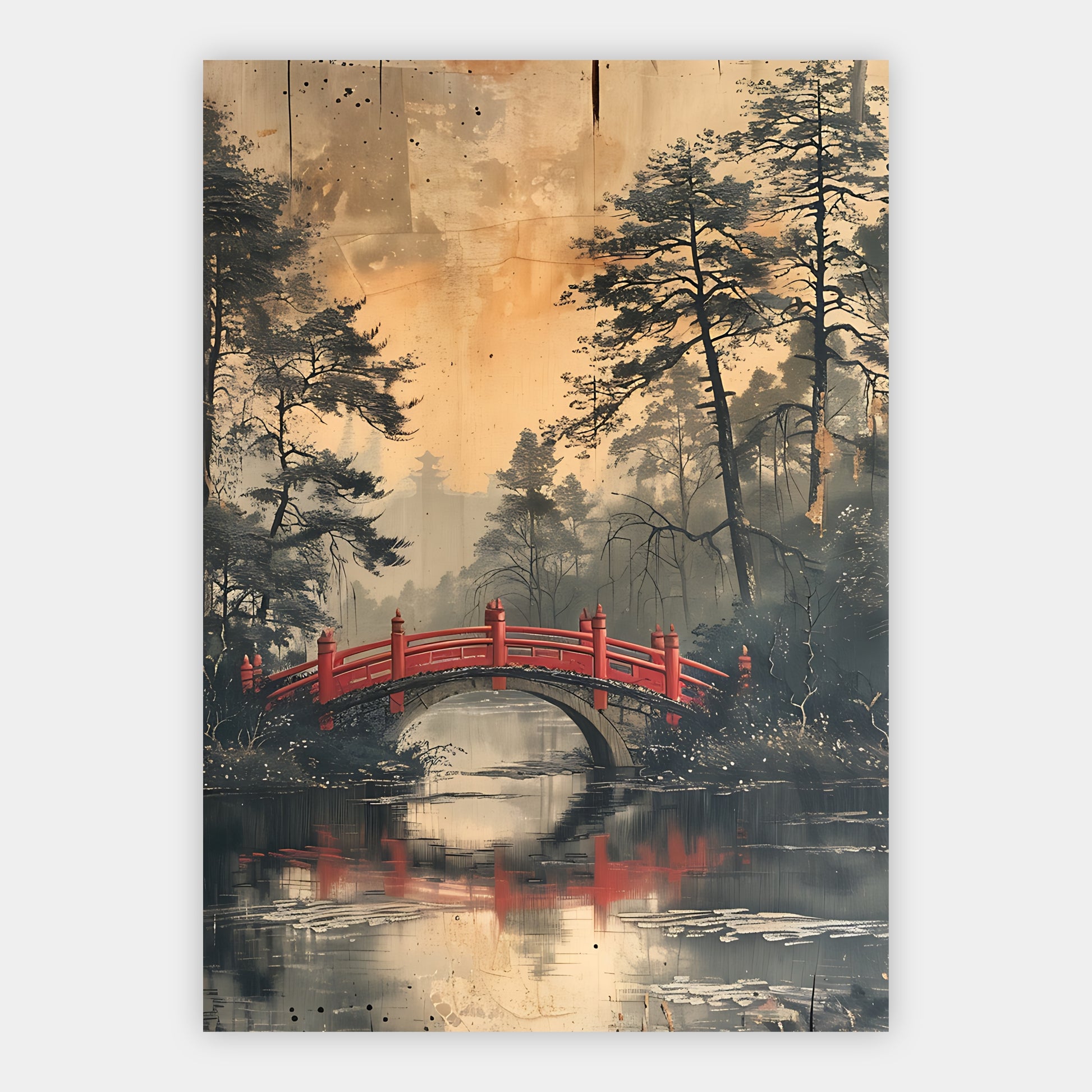 Rote japanische Brücke über einem Teich vor Kiefern und Pagode im Nebel